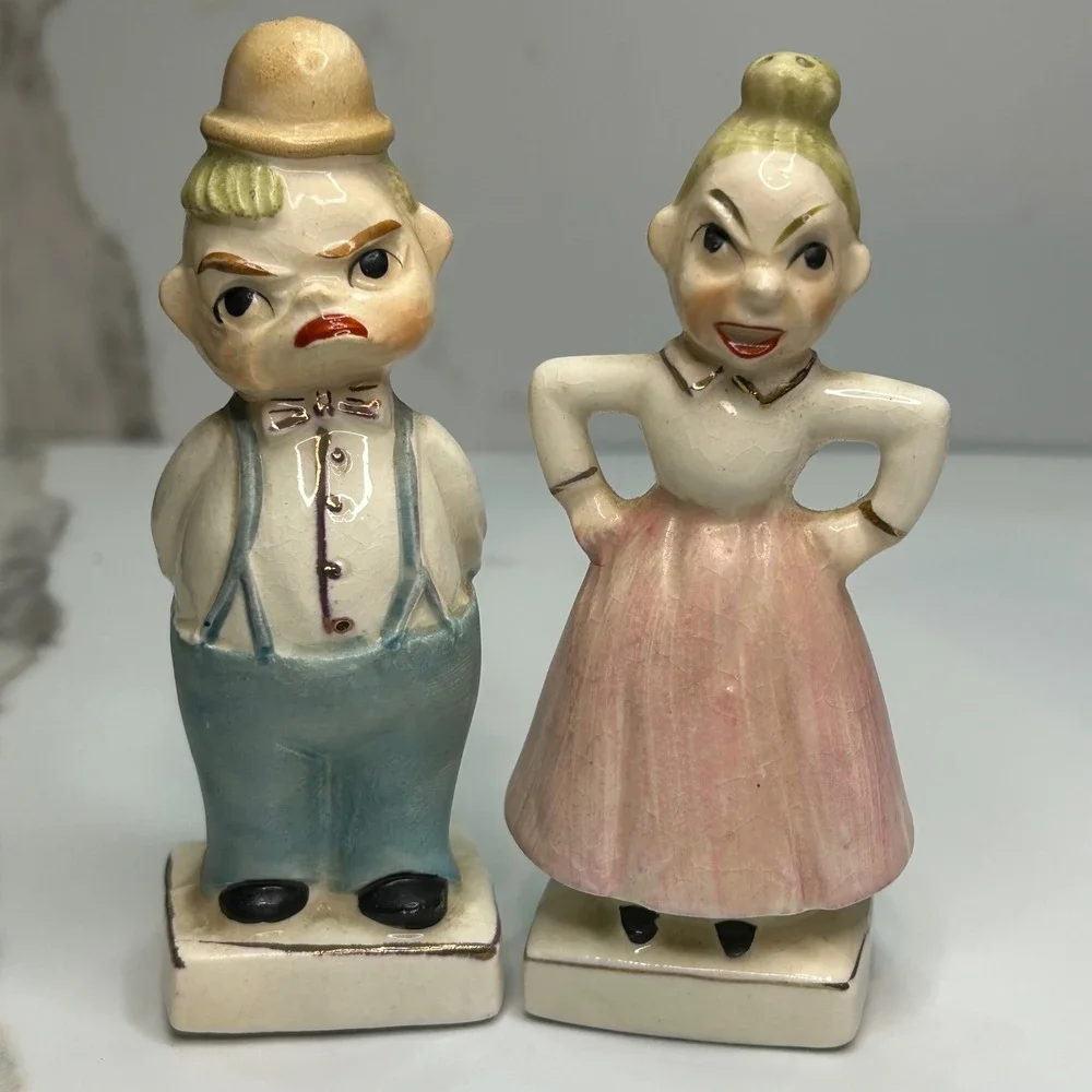 Vintage 2 Sided Happy Grumpy Face Salt Pepper Shakers Japan Ceramic Mid Century